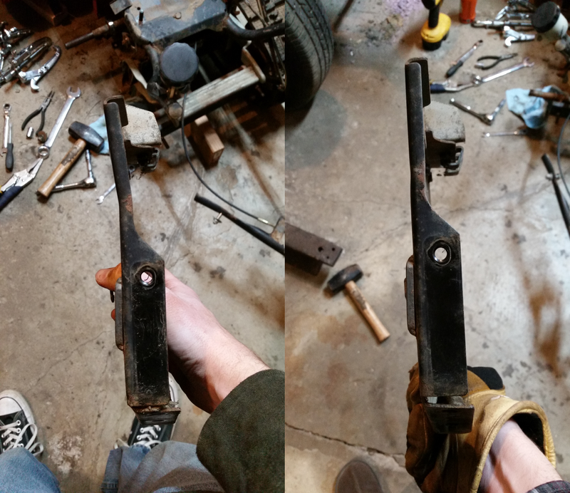 The collapsed section at the bottom, the major bend in the middle, and a buckled section (not visible) are now pretty much back where they should be. This was a a good mix of vice-as-a-press and hammer-and-anvil.